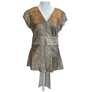 Gloria Vanderbilt Womens Gold Paisley Cap Sleeve Empire Waist Tie Back Blouse S